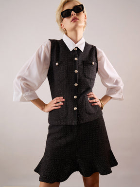 Black Tweed Waist Top With Flared Mini Skirt-SASSAFRAS
