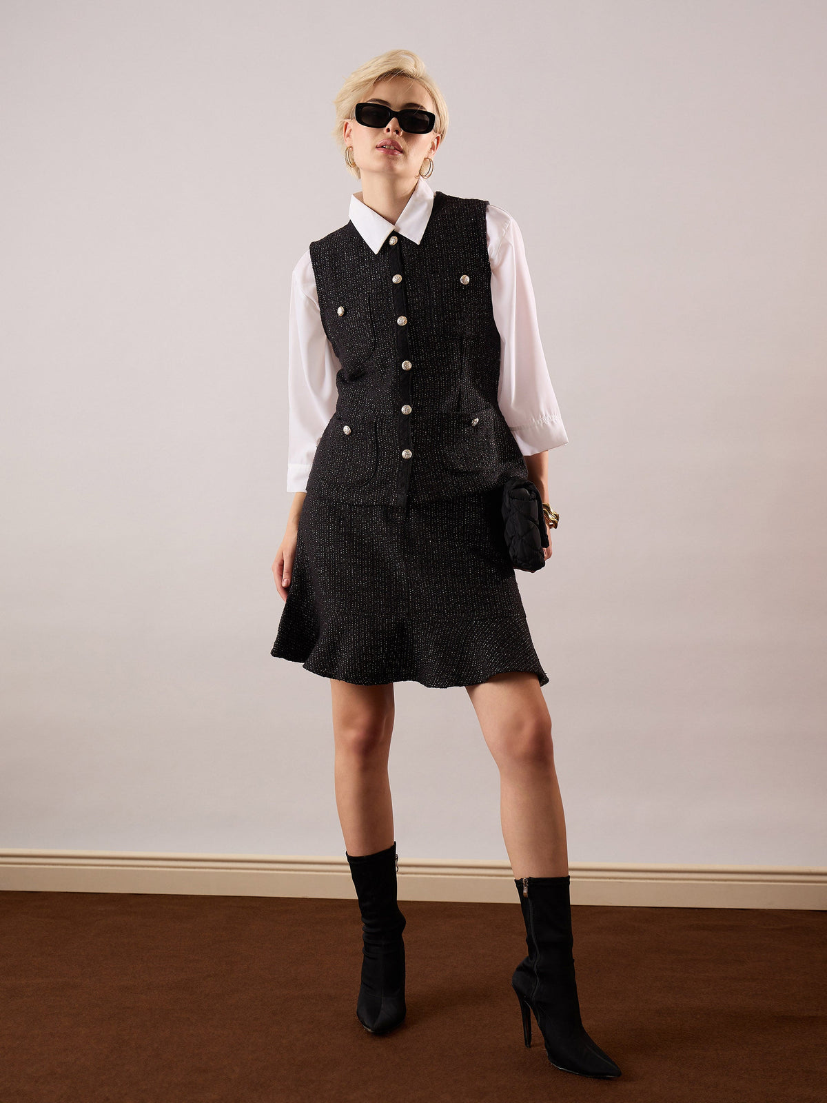 Black Tweed Waist Top With Flared Mini Skirt-SASSAFRAS