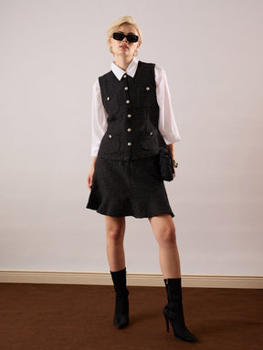 Black Tweed Waist Top With Flared Mini Skirt-SASSAFRAS