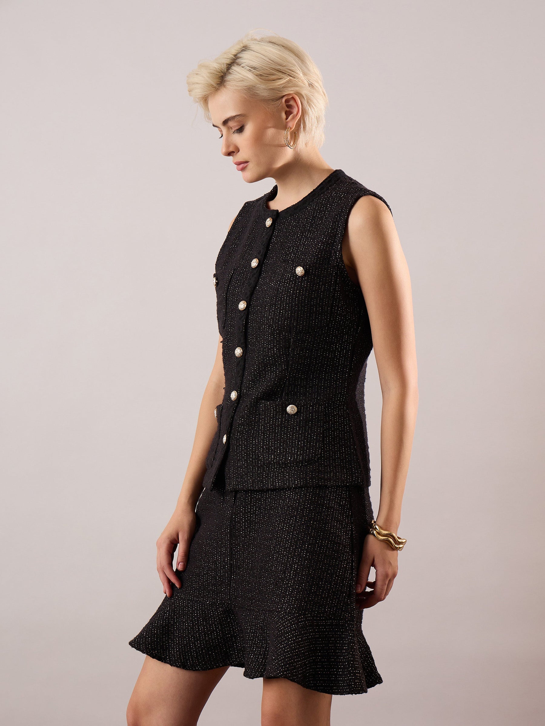 Black Tweed Waist Top With Flared Mini Skirt-SASSAFRAS