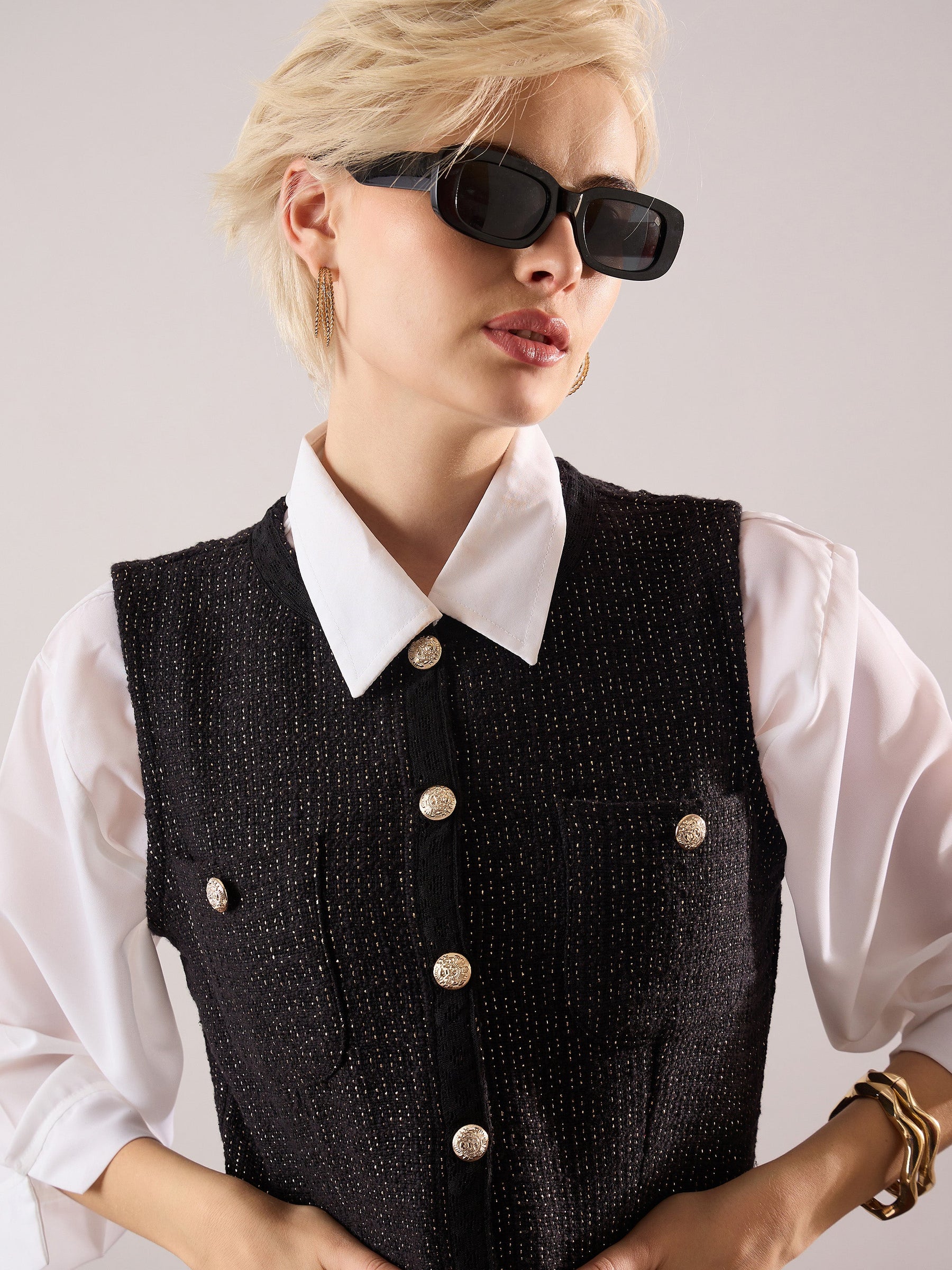 Black Tweed Waist Top With Flared Mini Skirt-SASSAFRAS