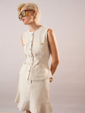 White Tweed Waist Top With Flared Mini Skirt-SASSAFRAS