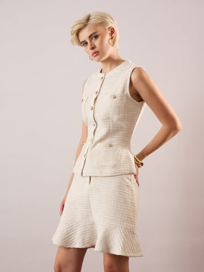 White Tweed Waist Top With Flared Mini Skirt-SASSAFRAS