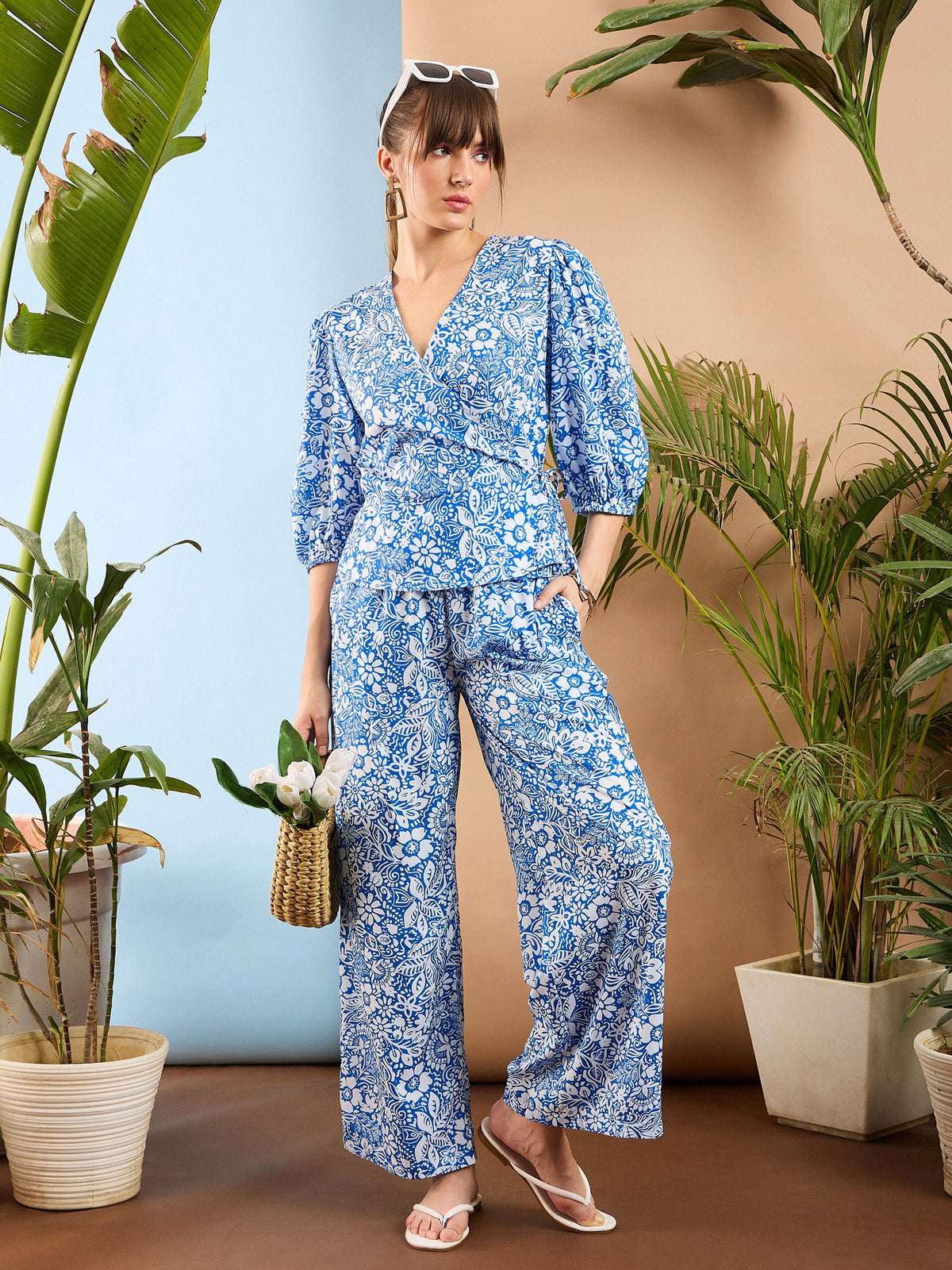 Blue Floral Wrap Top With Palazzos-SASSAFRAS