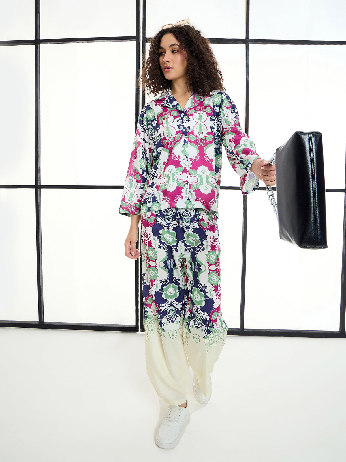 Green & Magenta Floral Notch Shirt With Lounge Pants-SASSAFRAS alt-laze