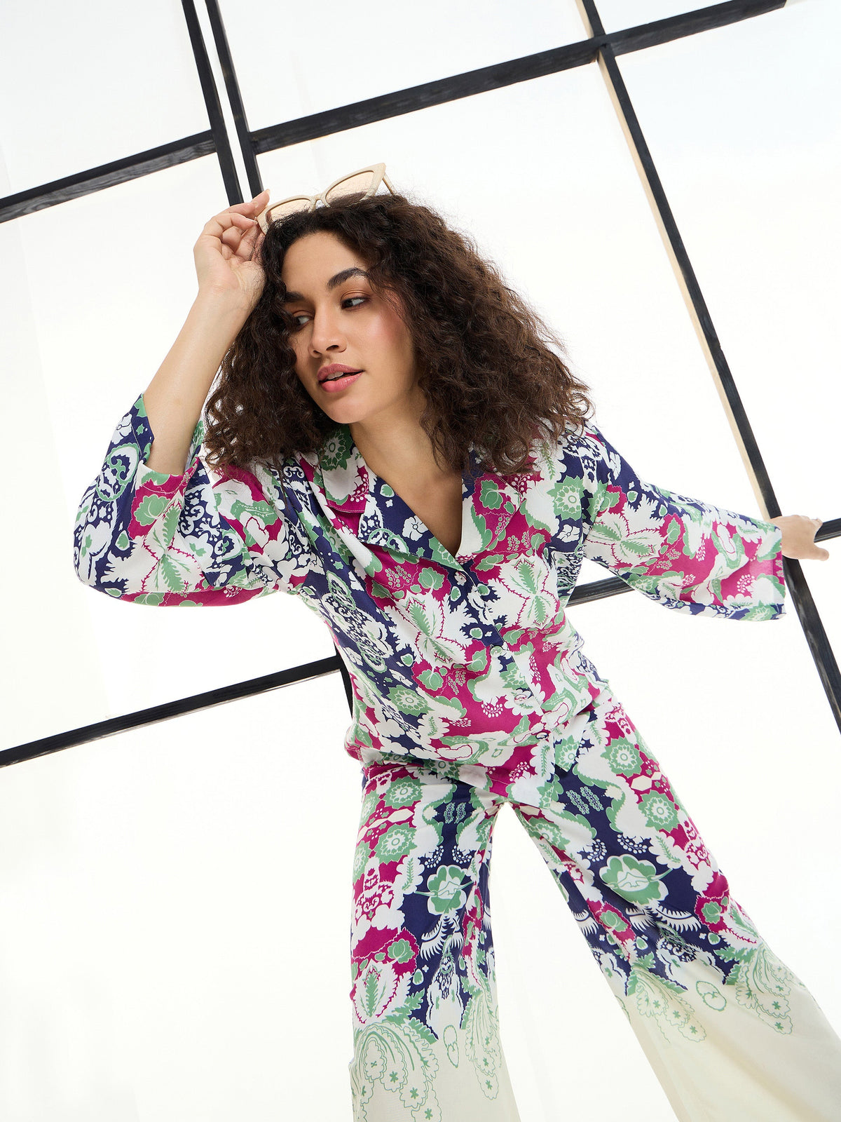 Green & Magenta Floral Notch Shirt With Lounge Pants-SASSAFRAS alt-laze