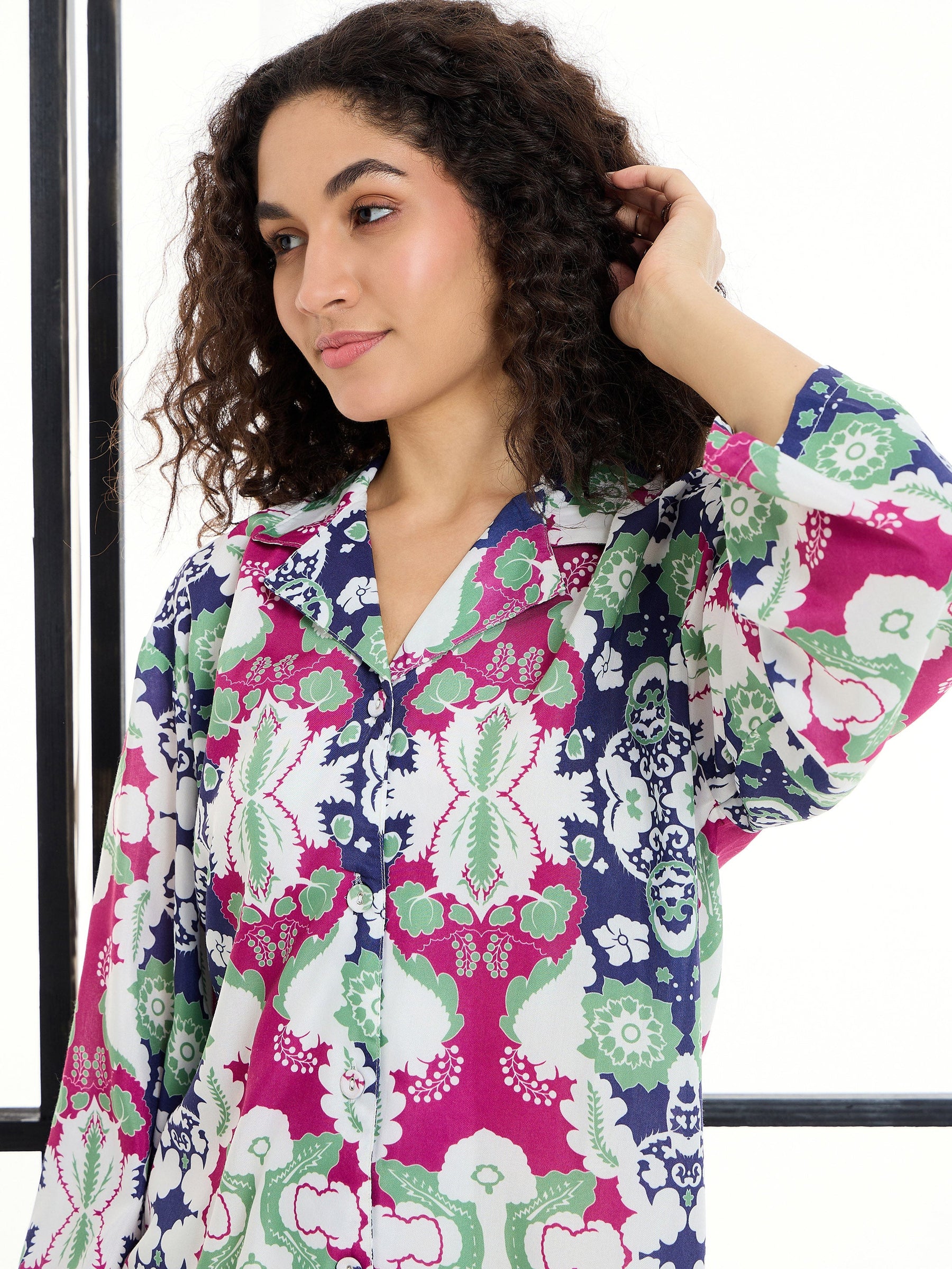 Green & Magenta Floral Notch Shirt With Lounge Pants-SASSAFRAS alt-laze