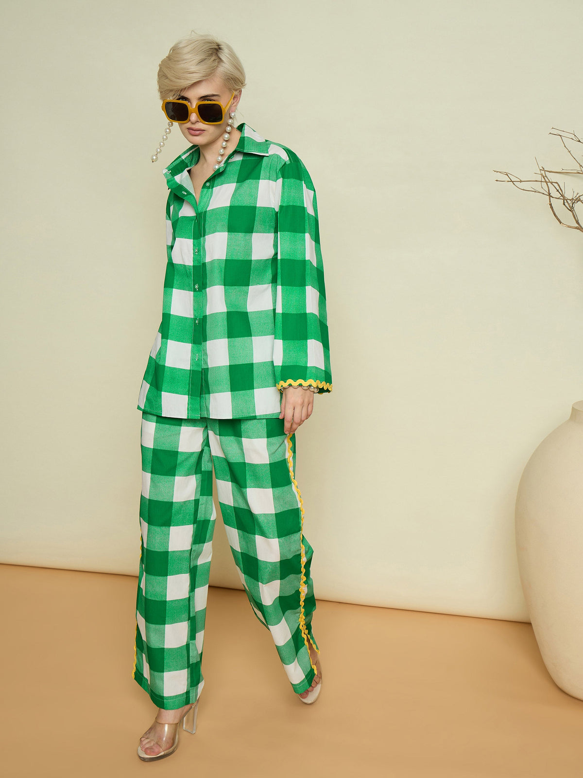 Green Big Check Ric Rac Shirt With Straight Pants-Pink Paprika By SASSAFRAS