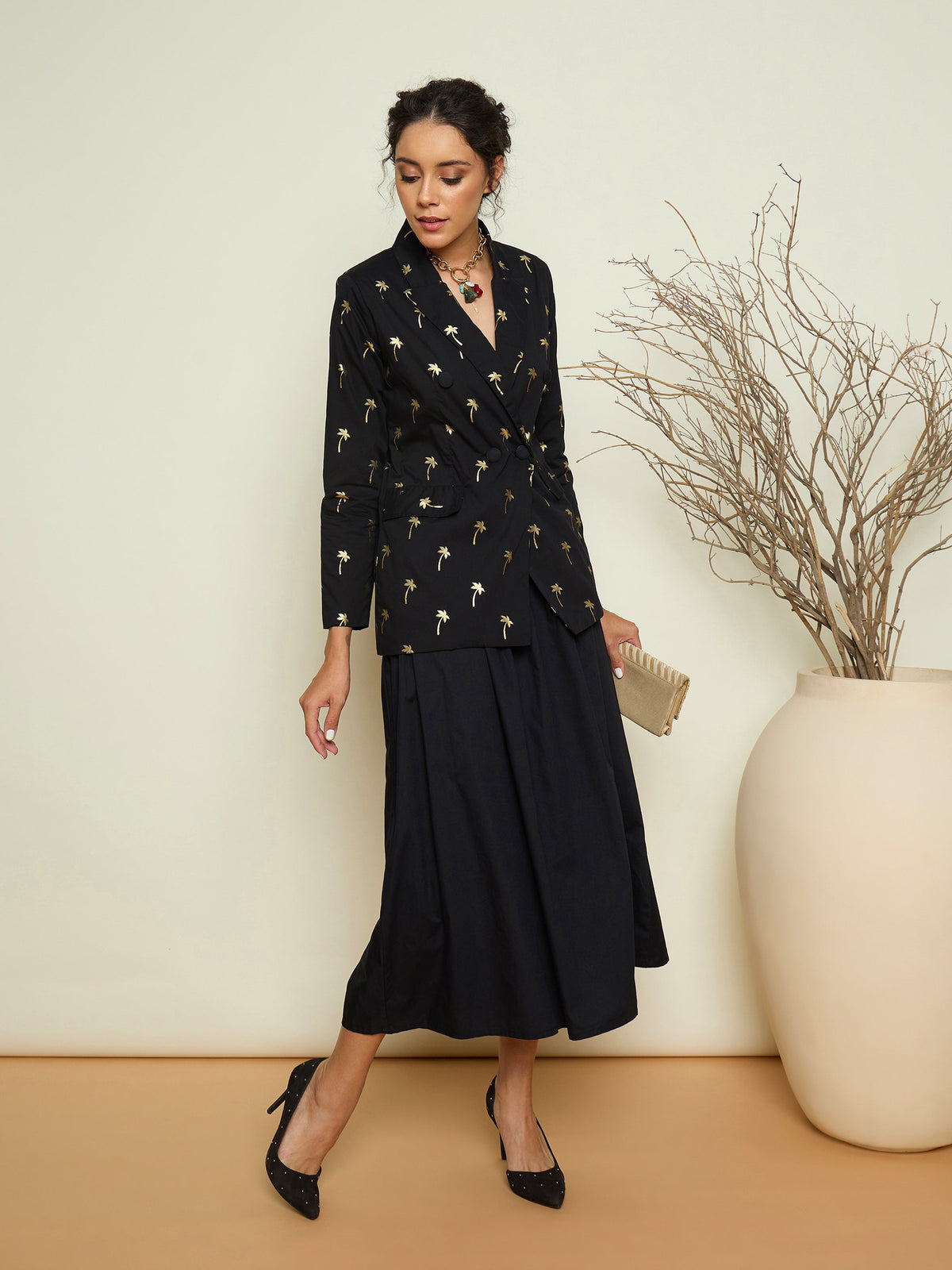 Black Foil Print Double Breasted Blazer With Gathered Skirt-Pink Paprika By SASSAFRAS