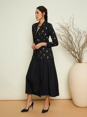 Black Foil Print Double Breasted Blazer With Gathered Skirt-Pink Paprika By SASSAFRAS