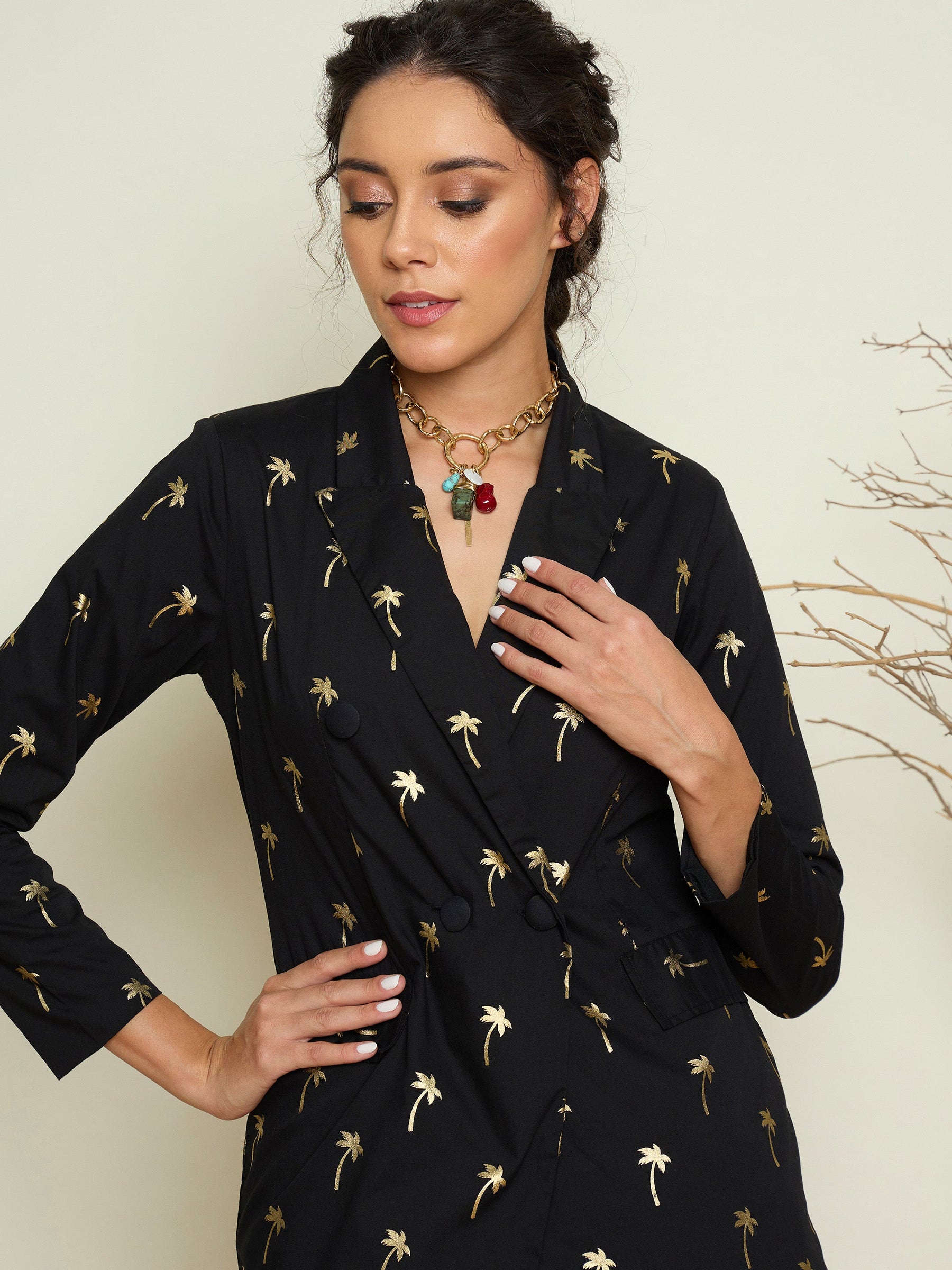 Black Foil Print Double Breasted Blazer With Gathered Skirt-Pink Paprika By SASSAFRAS