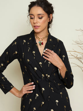 Black Foil Print Double Breasted Blazer With Gathered Skirt-Pink Paprika By SASSAFRAS