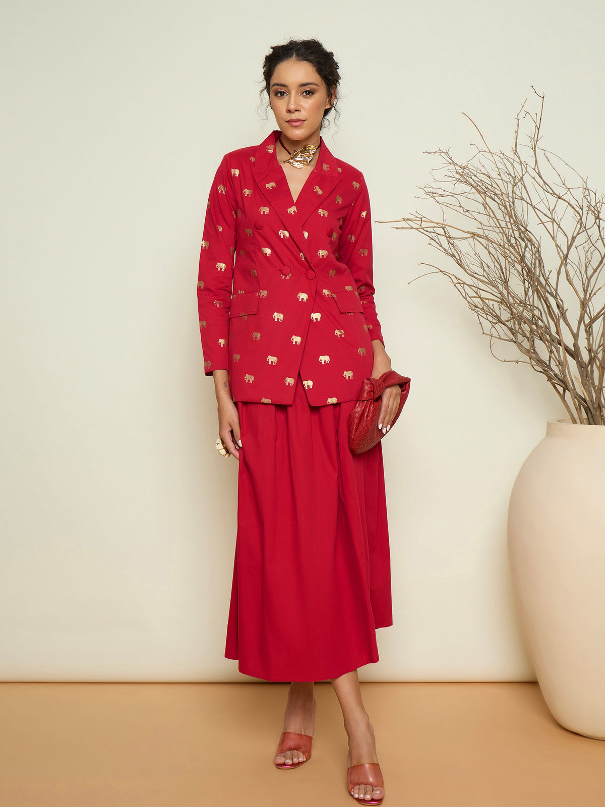 Fuchsia Foil Print Double Breasted Blazer With Gathered Skirt-Pink Paprika By SASSAFRAS