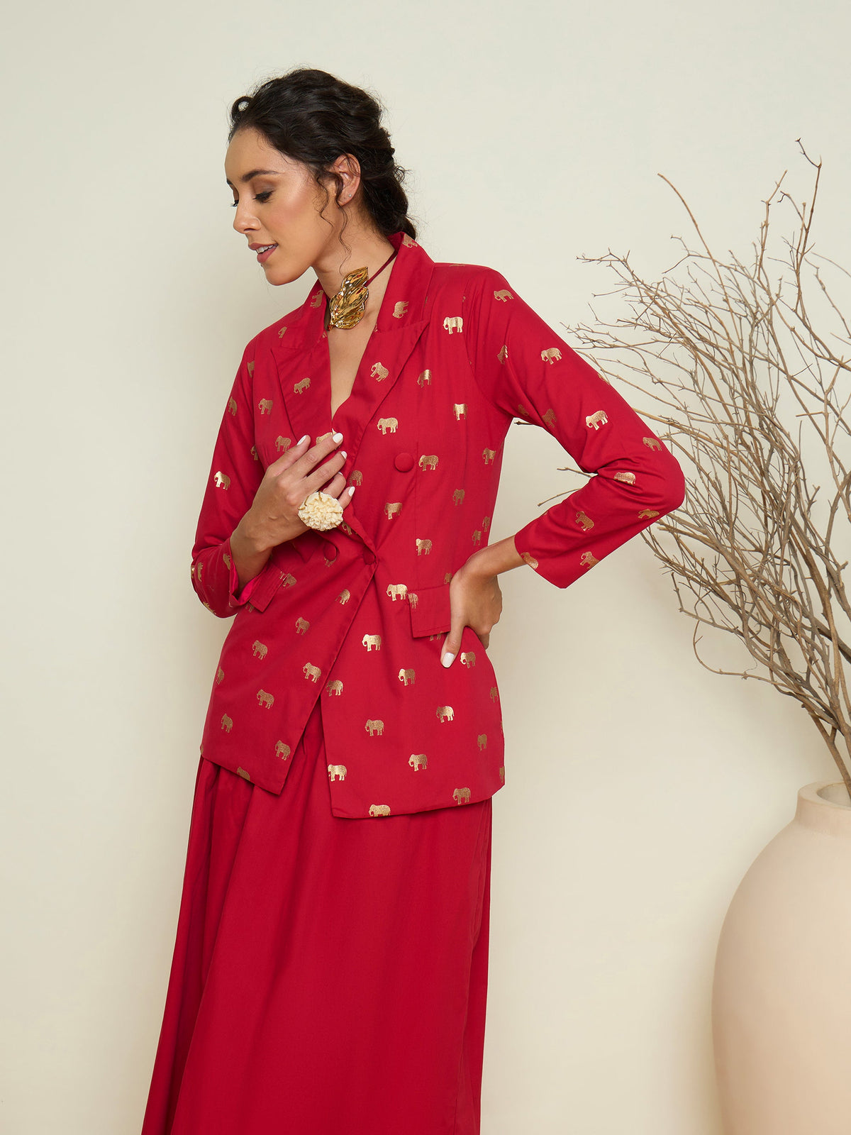 Fuchsia Foil Print Double Breasted Blazer With Gathered Skirt-Pink Paprika By SASSAFRAS
