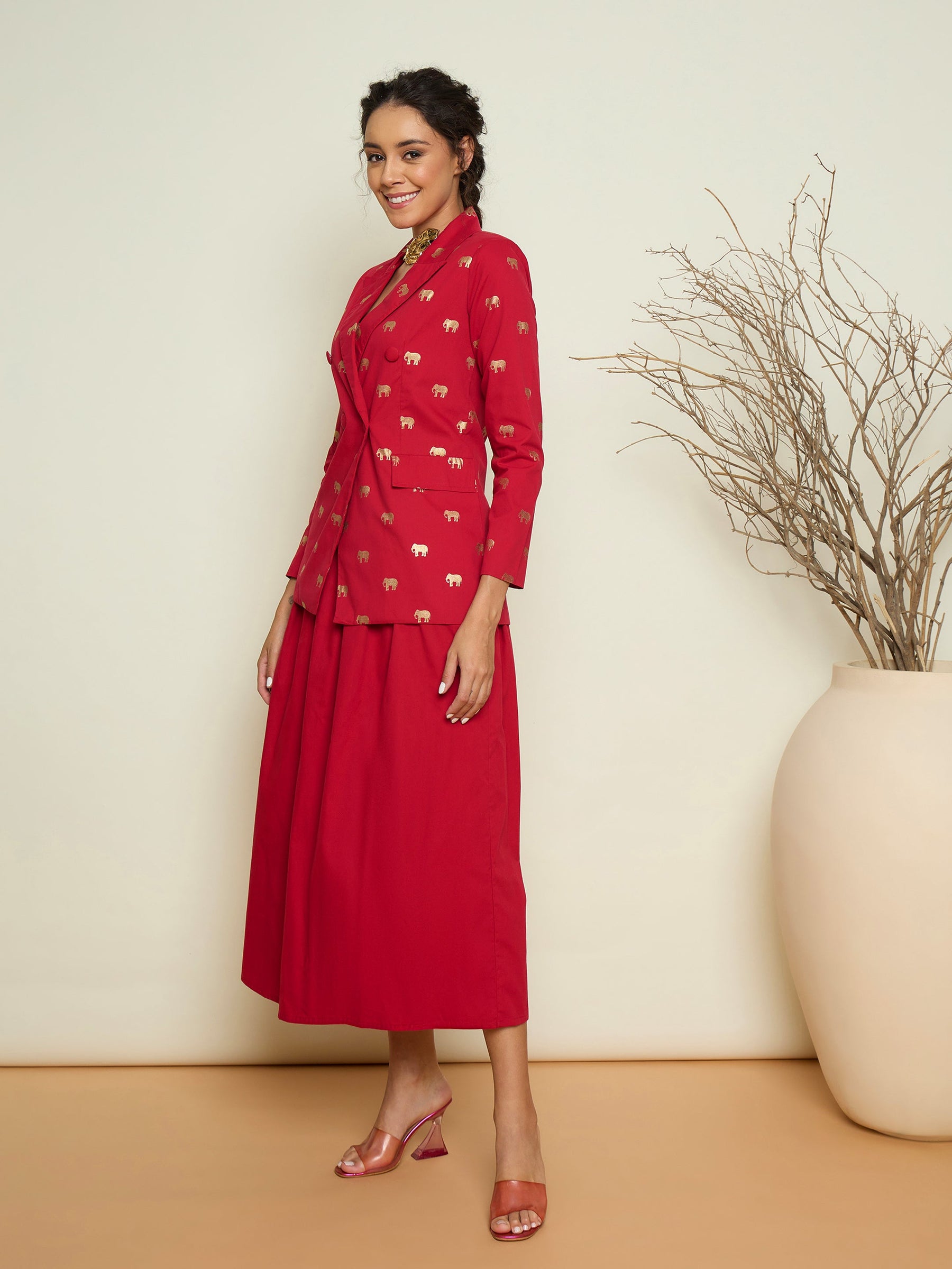 Fuchsia Foil Print Double Breasted Blazer With Gathered Skirt-Pink Paprika By SASSAFRAS