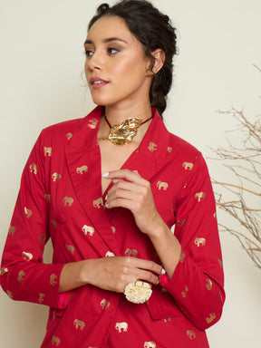 Fuchsia Foil Print Double Breasted Blazer With Gathered Skirt-Pink Paprika By SASSAFRAS