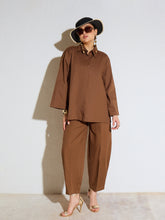 Brown Poplin Oversize Shirt With Mom Fit Pants-SASSAFRAS