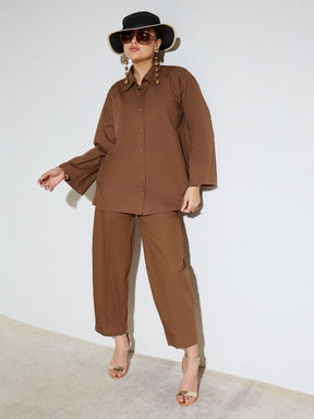 Brown Poplin Oversize Shirt With Mom Fit Pants-SASSAFRAS