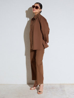 Brown Poplin Oversize Shirt With Mom Fit Pants-SASSAFRAS