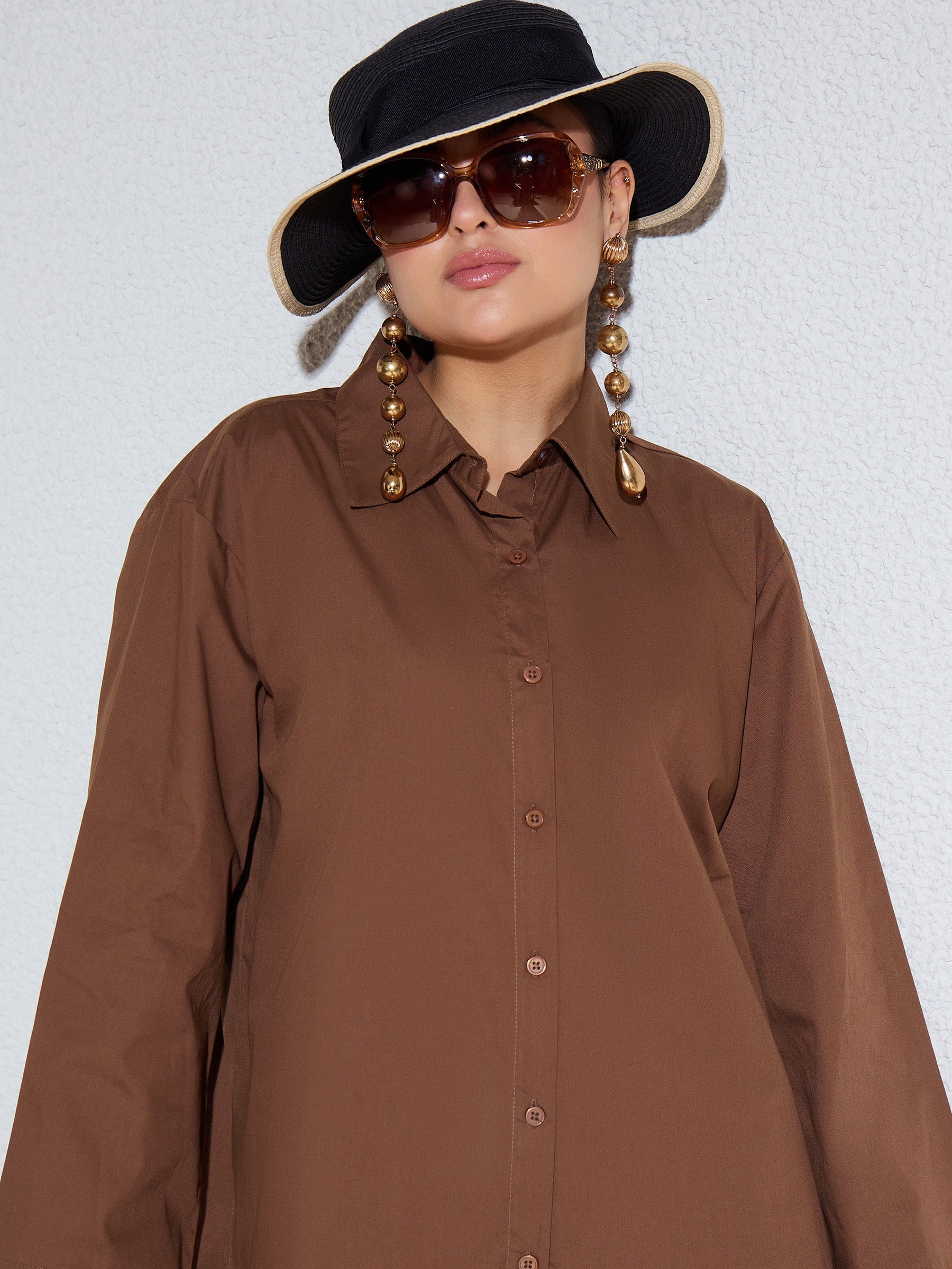 Brown Poplin Oversize Shirt With Mom Fit Pants-SASSAFRAS