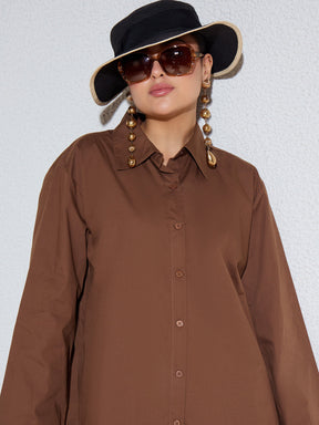 Brown Poplin Oversize Shirt With Mom Fit Pants-SASSAFRAS