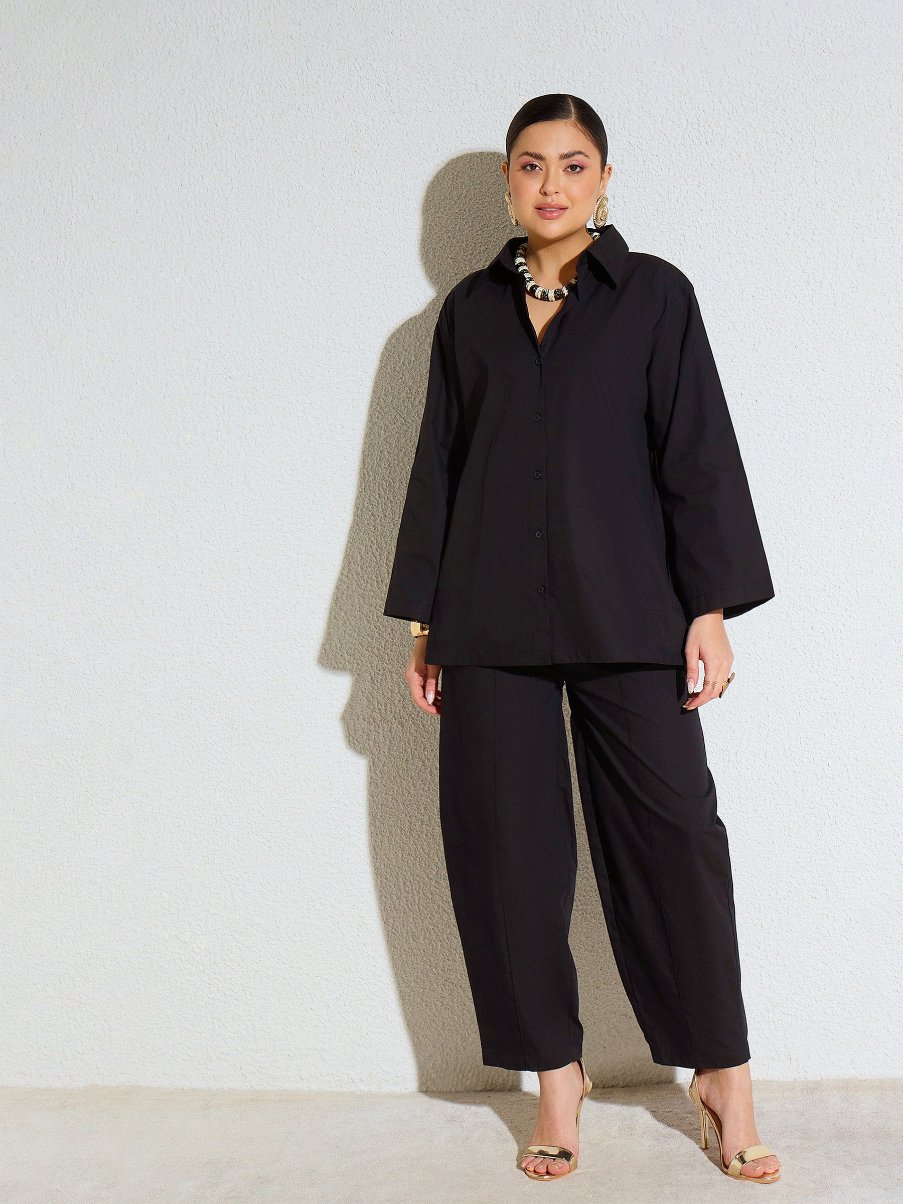 Black Poplin Oversize Shirt With Mom Fit Pants-SASSAFRAS