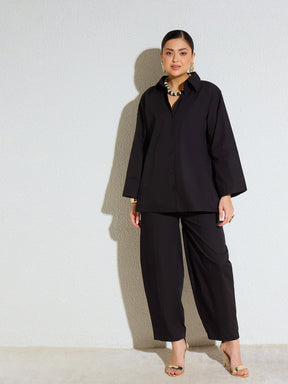 Black Poplin Oversize Shirt With Mom Fit Pants-SASSAFRAS
