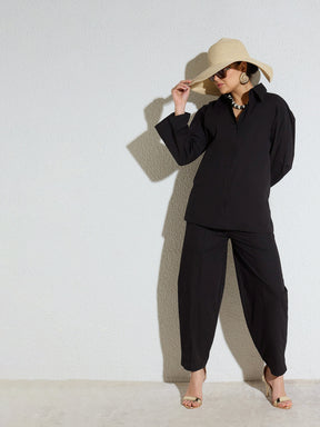 Black Poplin Oversize Shirt With Mom Fit Pants-SASSAFRAS