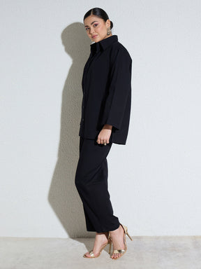 Black Poplin Oversize Shirt With Mom Fit Pants-SASSAFRAS
