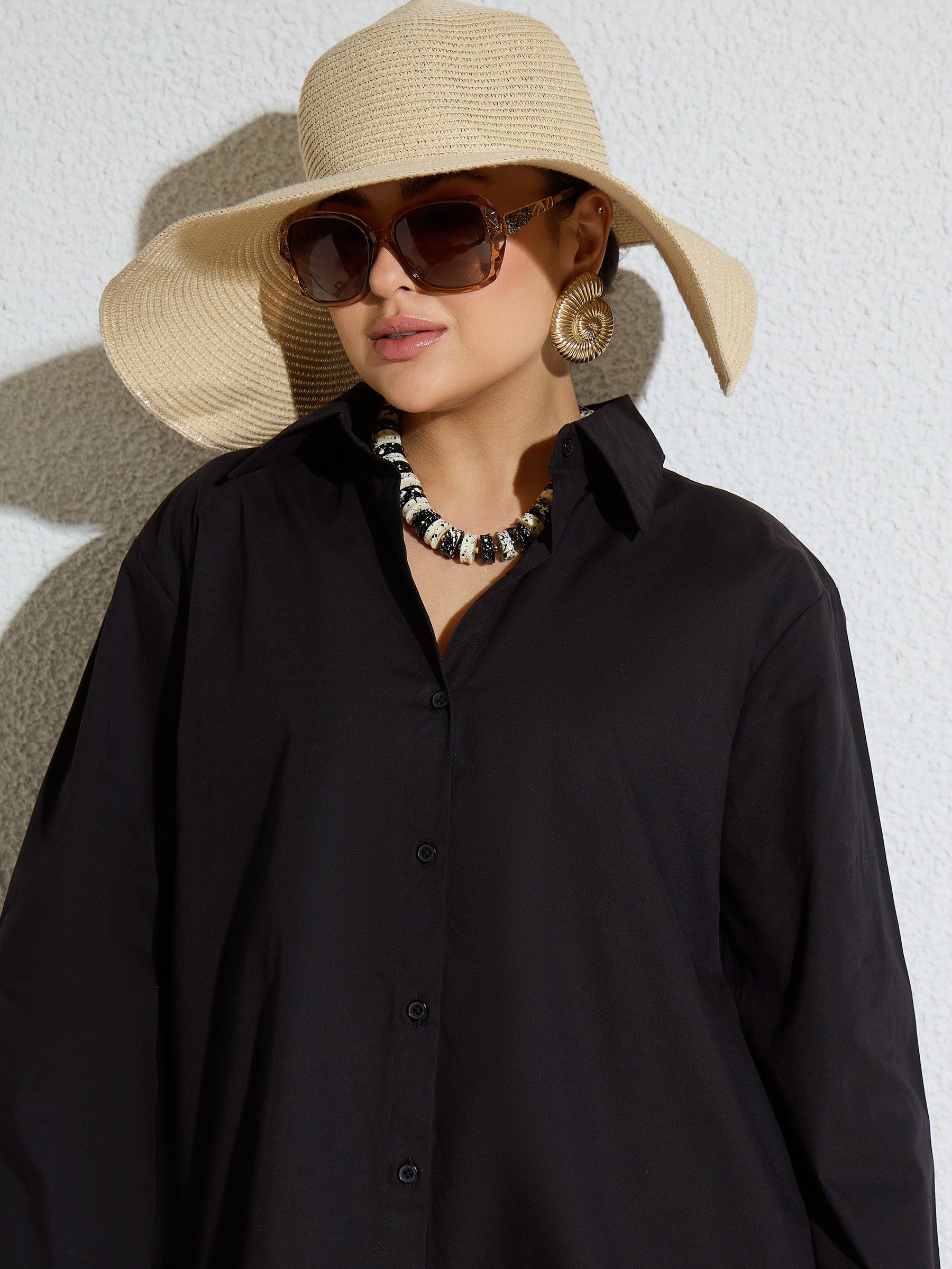 Black Poplin Oversize Shirt With Mom Fit Pants-SASSAFRAS