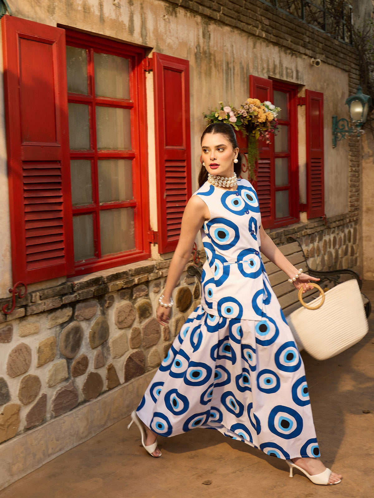 White Evil Eye Print Vest Top With Gathered Skirt -Pink Paprika By SASSAFRAS