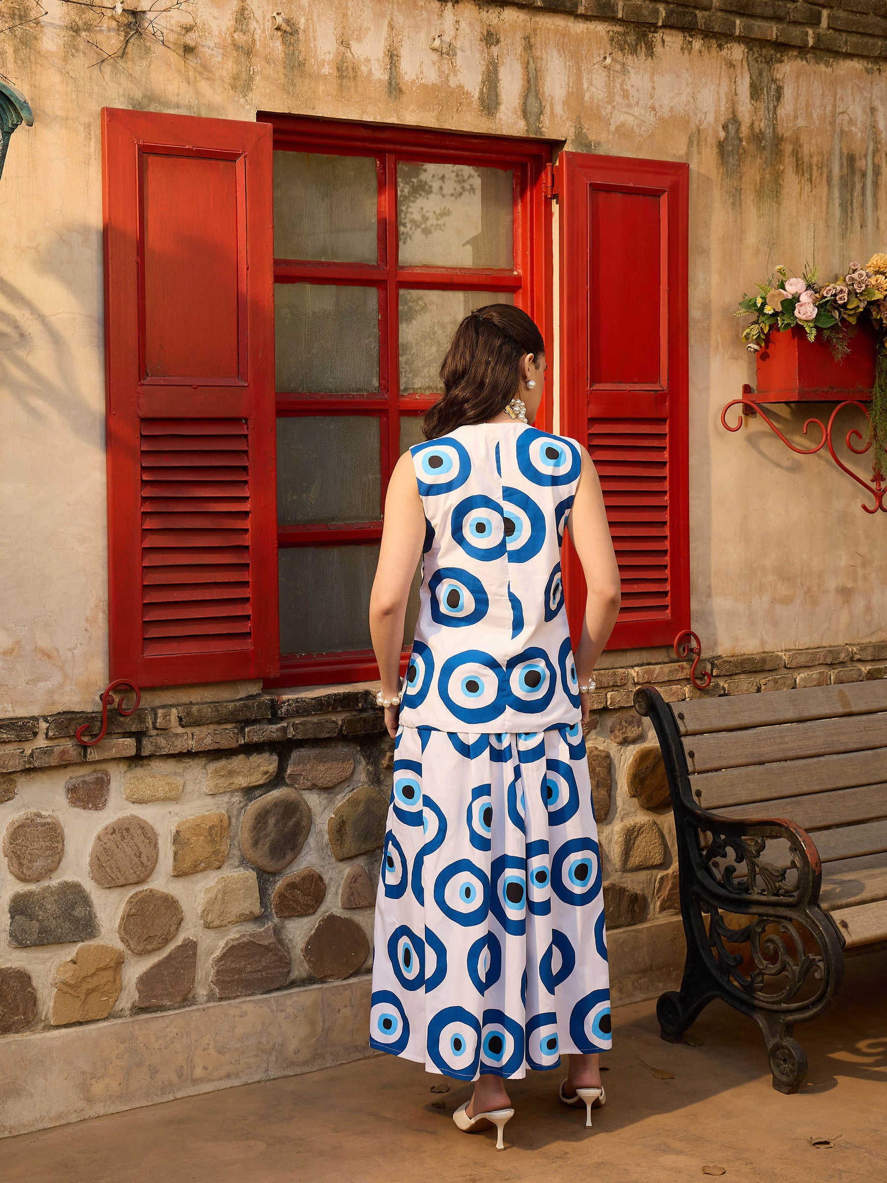 White Evil Eye Print Vest Top With Gathered Skirt -Pink Paprika By SASSAFRAS