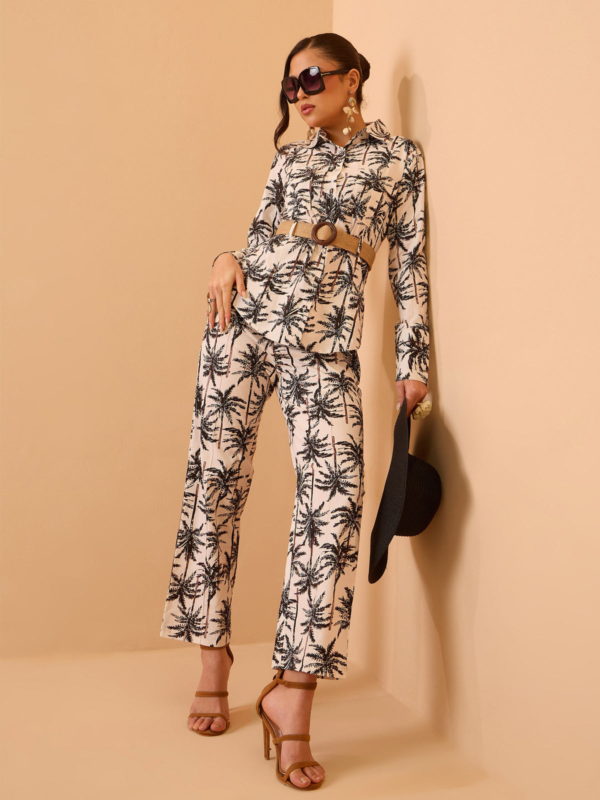 Black Tropical Belted Shirt With Straight Pants-Pink Paprika By SASSAFRAS