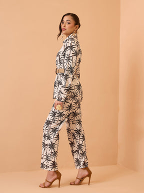 Black Tropical Belted Shirt With Straight Pants-Pink Paprika By SASSAFRAS