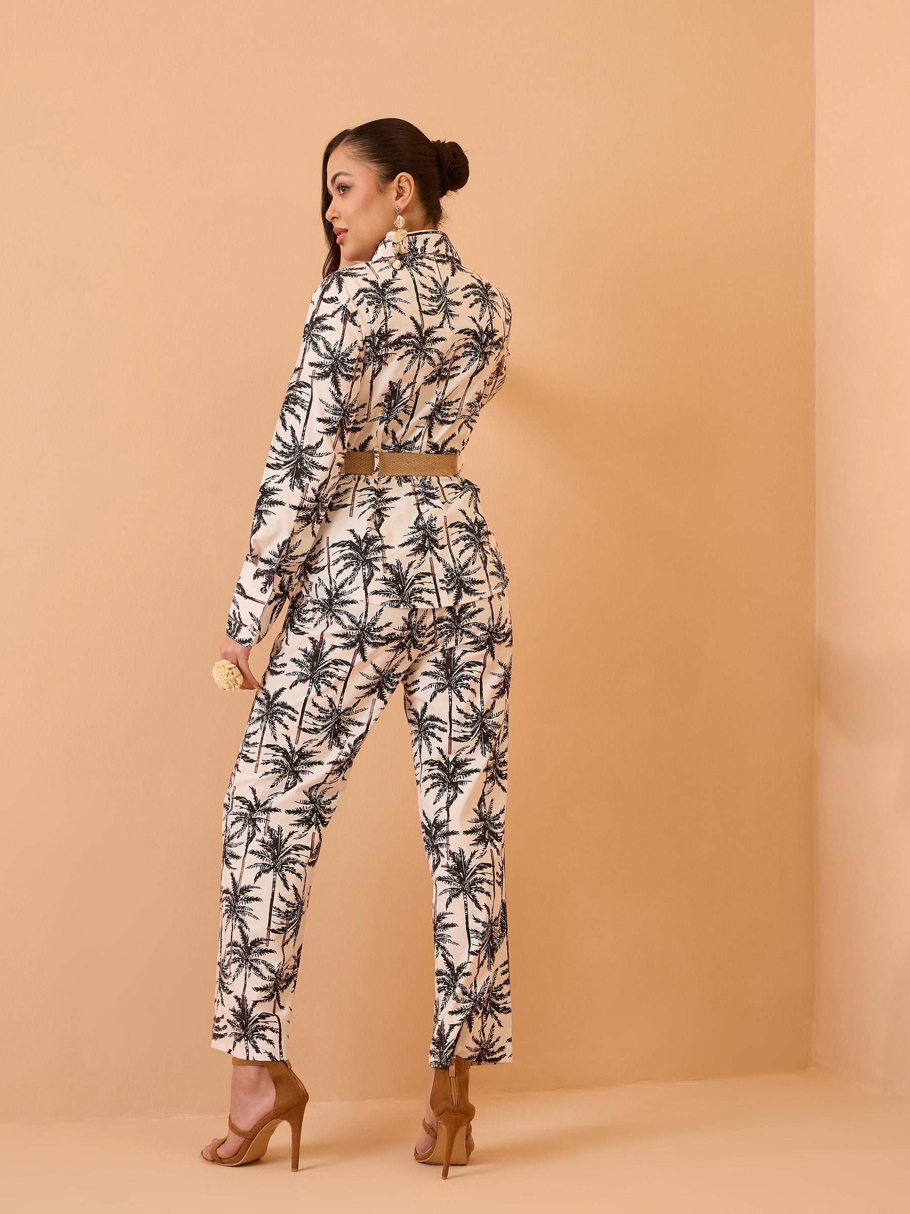 Black Tropical Belted Shirt With Straight Pants-Pink Paprika By SASSAFRAS