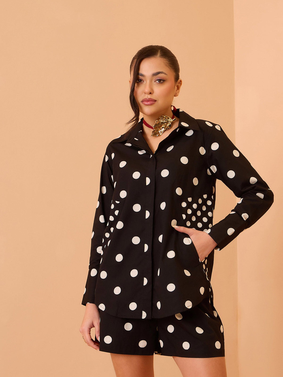 Black & White Big Polka Shirt With Shorts -Pink Paprika By SASSAFRAS