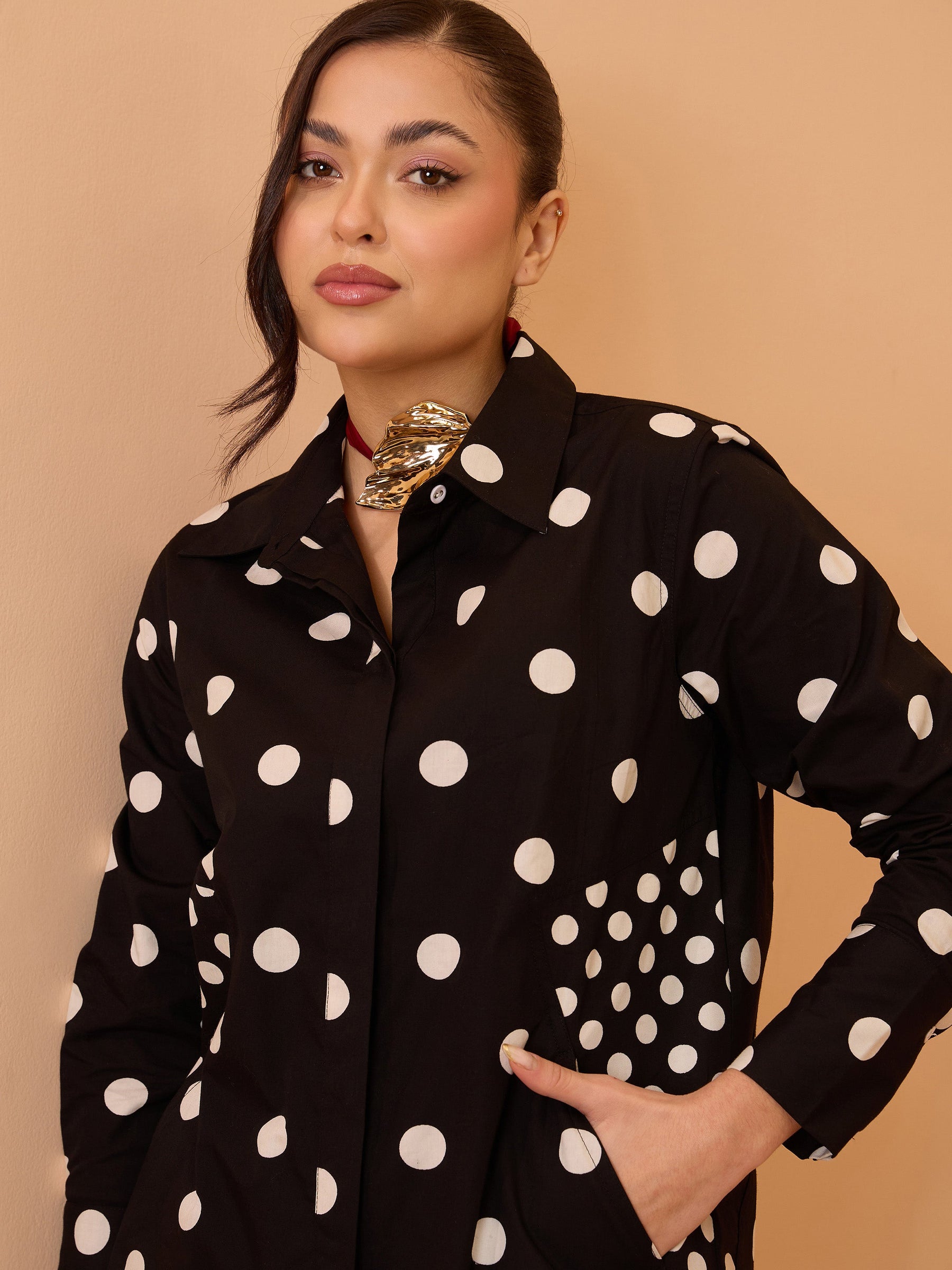 Black & White Big Polka Shirt With Shorts -Pink Paprika By SASSAFRAS