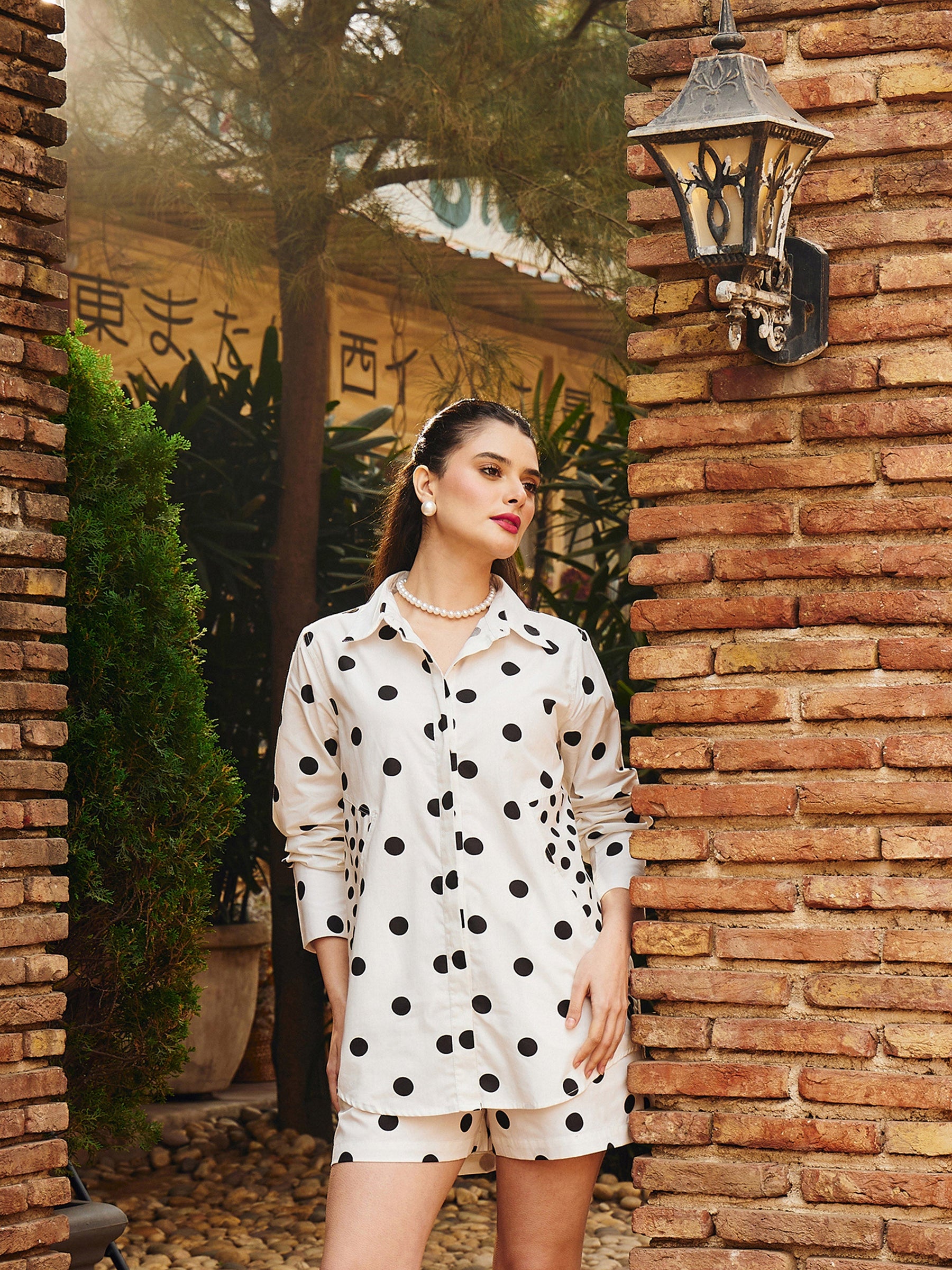 White & Black Big Polka Shirt With Lined Shorts -Pink Paprika By SASSAFRAS