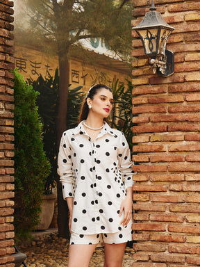 White & Black Big Polka Shirt With Lined Shorts -Pink Paprika By SASSAFRAS
