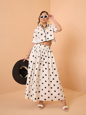 White & Black Big Polka Dot Shirt With Skirt-Pink Paprika By SASSAFRAS