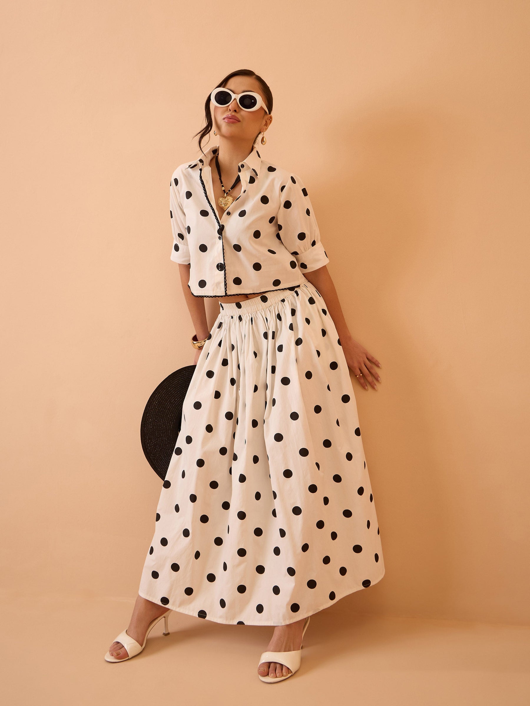 White & Black Big Polka Dot Shirt With Skirt-Pink Paprika By SASSAFRAS
