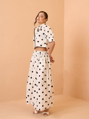 White & Black Big Polka Dot Shirt With Skirt-Pink Paprika By SASSAFRAS
