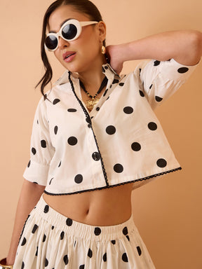 White & Black Big Polka Dot Shirt With Skirt-Pink Paprika By SASSAFRAS