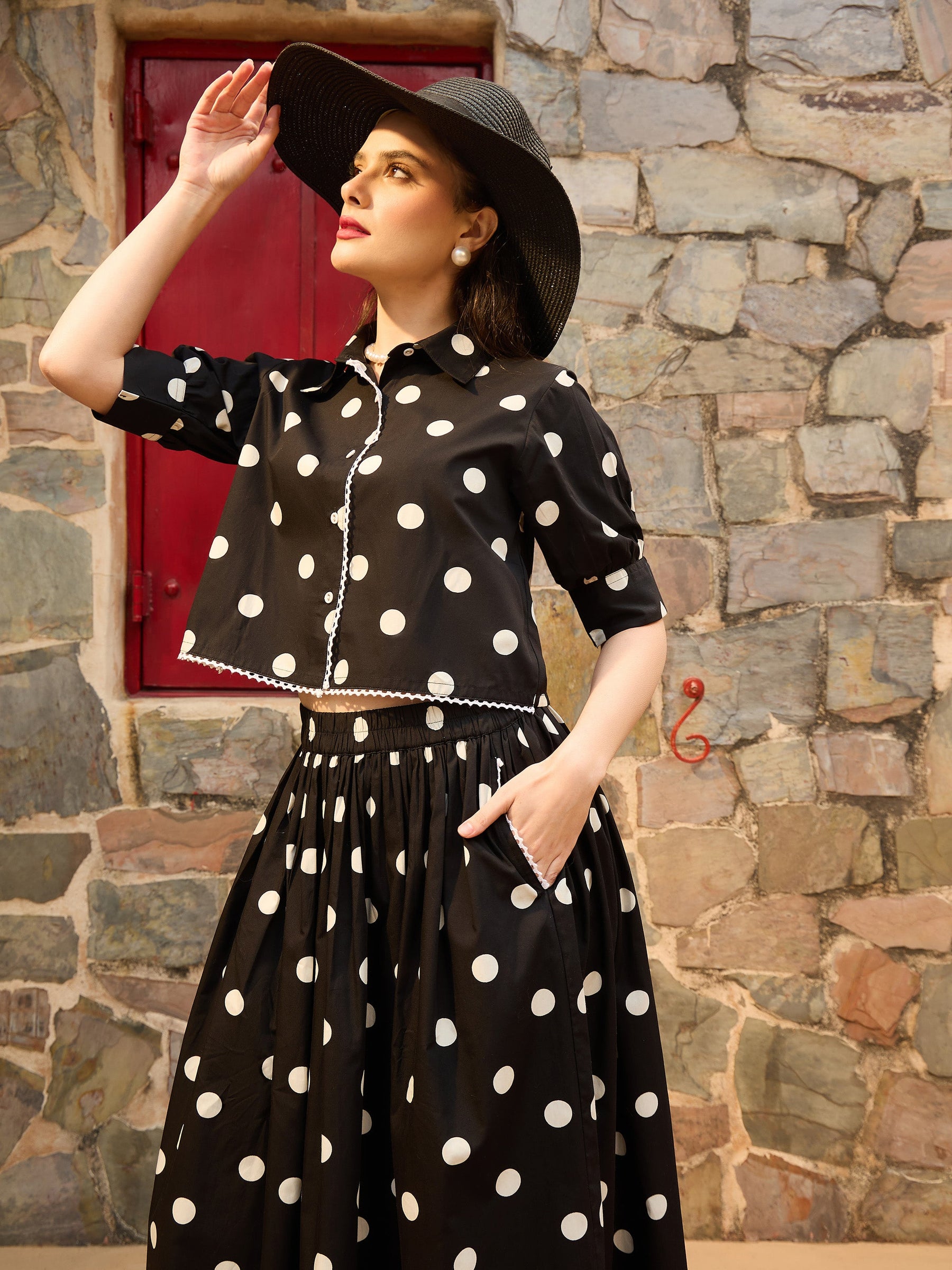 Black & White Big Polka Dot Shirt With Skirt-Pink Paprika By SASSAFRAS