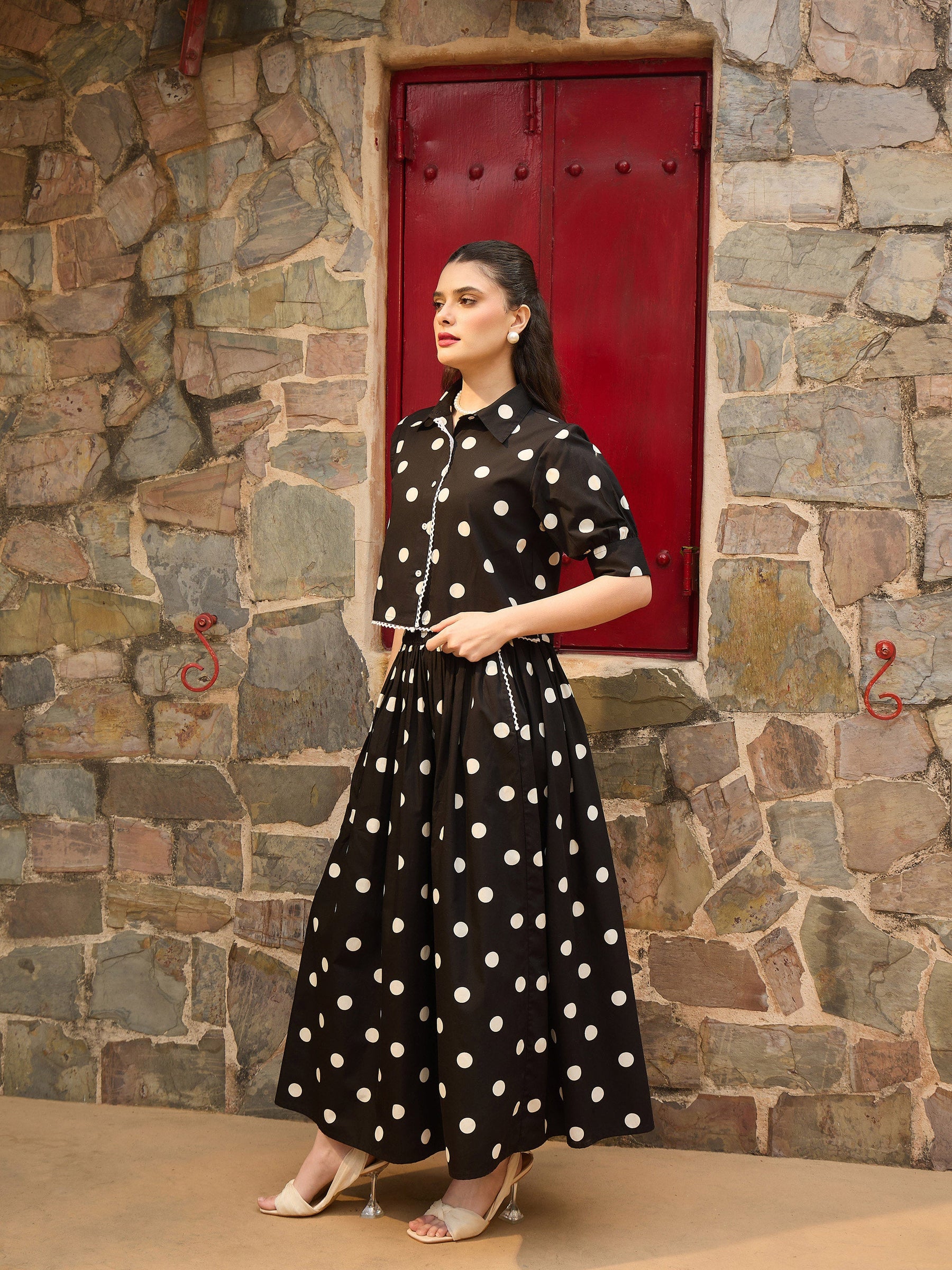 Black & White Big Polka Dot Shirt With Skirt-Pink Paprika By SASSAFRAS