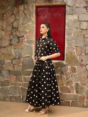 Black & White Big Polka Dot Shirt With Skirt-Pink Paprika By SASSAFRAS