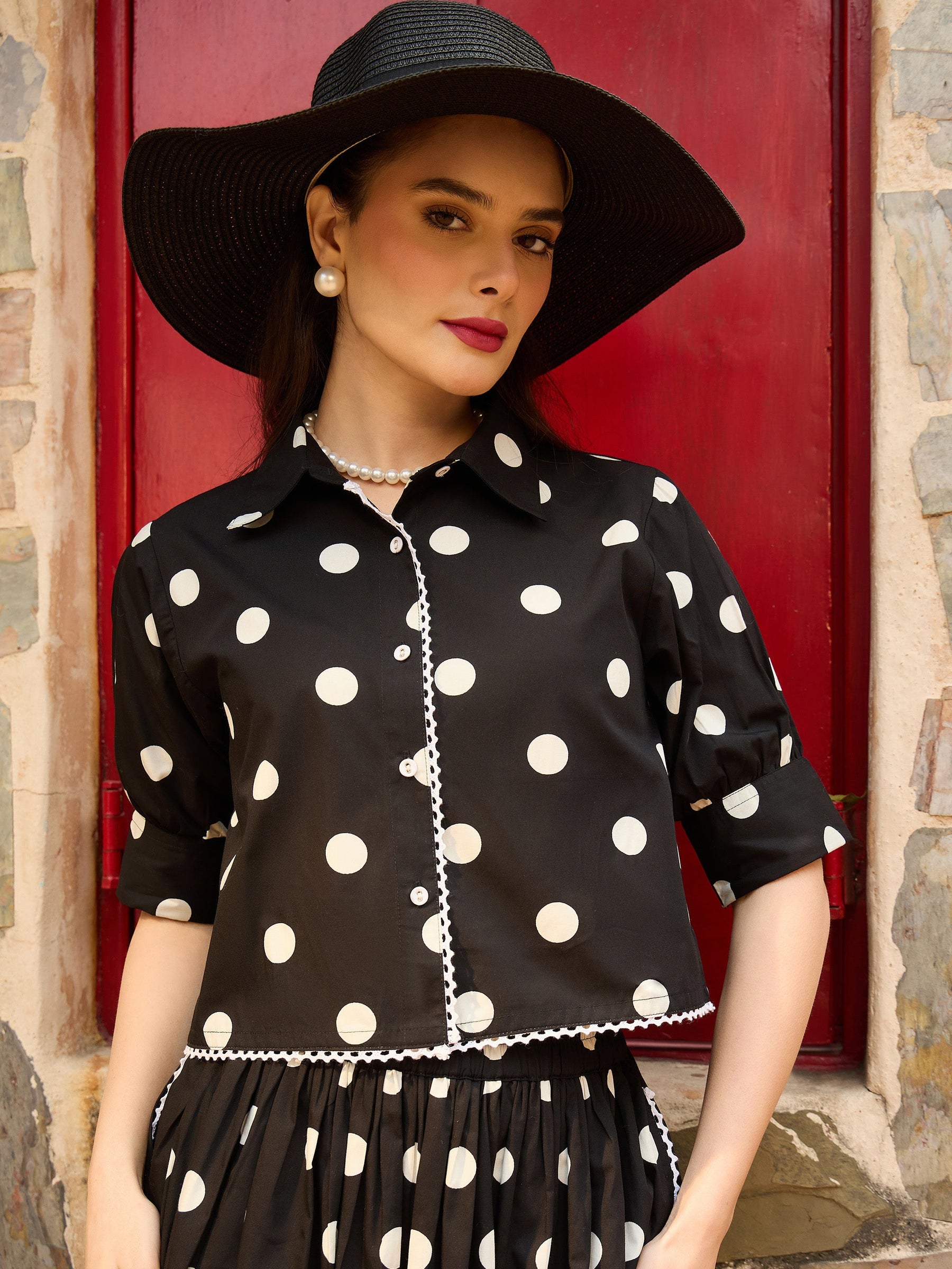 Black & White Big Polka Dot Shirt With Skirt-Pink Paprika By SASSAFRAS