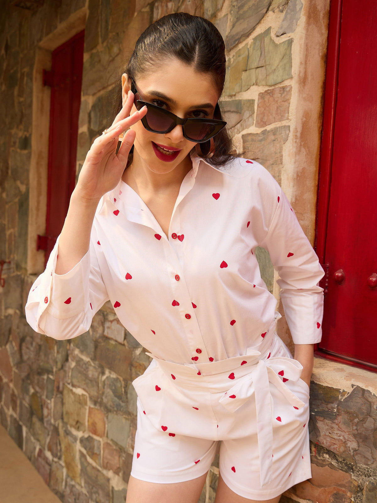 White & Red Heart Print Shirt With Paperbag Shorts-Pink Paprika By SASSAFRAS