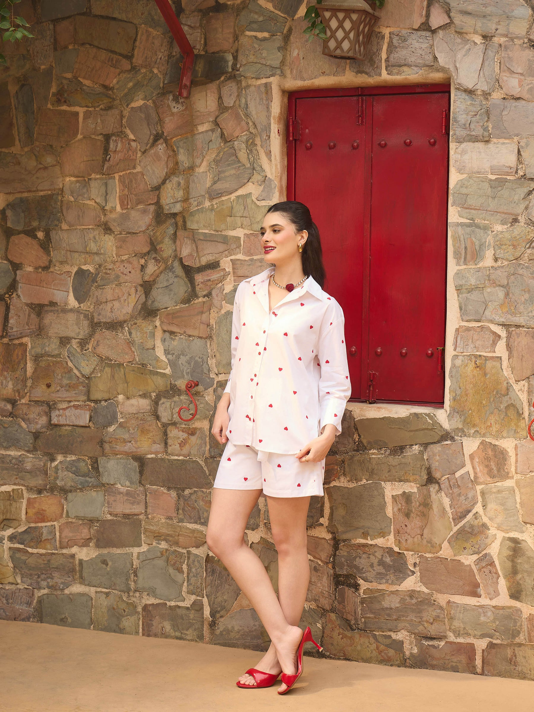 White & Red Heart Print Shirt With Paperbag Shorts-Pink Paprika By SASSAFRAS