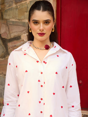 White & Red Heart Print Shirt With Paperbag Shorts-Pink Paprika By SASSAFRAS